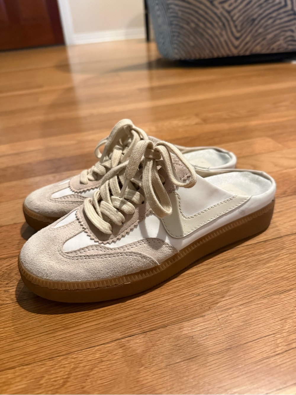 Dolce Vita Beige Suede and White Lace-Up Mule Sneakers